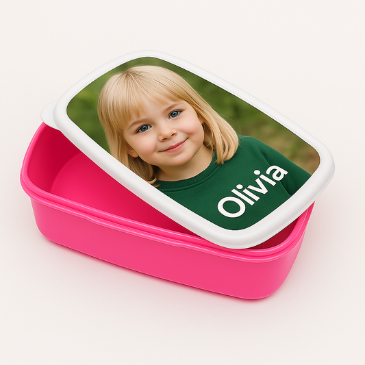 Broodtrommel met Foto of Naam - Blauw, Roze of Wit