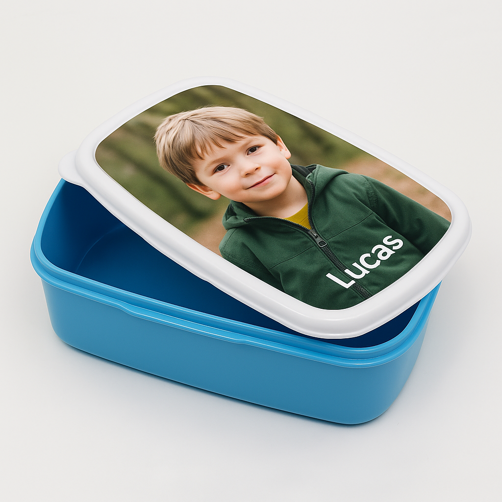 Broodtrommel met Foto of Naam - Blauw, Roze of Wit