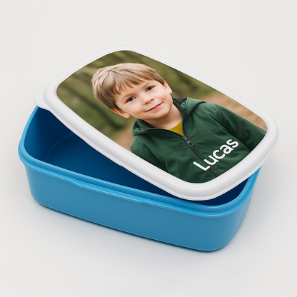 Broodtrommel met Foto of Naam - Blauw, Roze of Wit